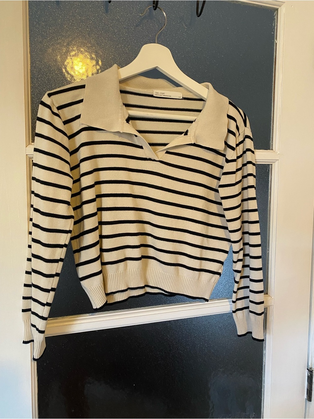OAK + FORT Cream and Black Striped Collared V-Neck Sweater